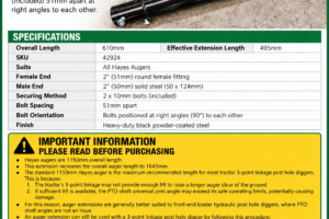 Hayes 600mm auger extension, SKU 42924, black steel post hole digger extension with 2 securing bolts; 610mm overall length and 495mm effective extension