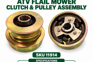 Hayes ATV flail mower clutch and pulley assembly for two-belt mower, 129mm diameter, 77mm wide, SKU 11914.