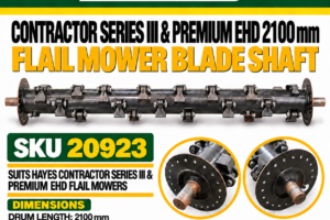 Hayes Contractor Series III and Premium EHD 2100 mm flail mower blade shaft SKU 20923 with 2300 mm total length, 194 mm drum diameter and 60 mm axle diameter