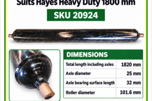 Hayes Heavy Duty 1800 mm flail mower rear roller, SKU 20924, 1820 mm overall length and 101.6 mm roller diameter