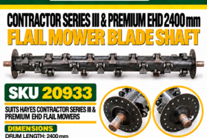 Hayes Contractor Series III and Premium EHD 2400 mm flail mower blade shaft SKU 20933 with 2400 mm drum length and 2600 mm total length