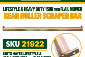 Hayes rear roller scraper bar for Lifestyle and Heavy Duty 1500 mm Flail Mower, 1535 mm wide, SKU 21922