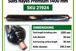 Rear roller for Hayes Premium 1400 mm flail mower, SKU 21924, 1395 mm overall length and 140.3 mm roller diameter