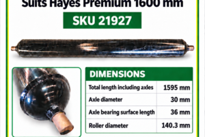 Rear roller for Hayes Premium 1600 mm flail mower, SKU 21927, 1595 mm overall length and 140.3 mm roller diameter