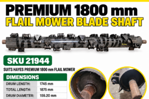 Hayes Premium 1800 mm flail mower replacement blade shaft SKU 21944, 1745 mm drum length and 1875 mm total length
