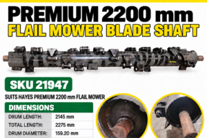 Hayes Premium 2200 mm flail mower replacement blade shaft SKU 21947 with 2145 mm drum length and 45 mm axle