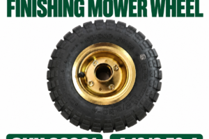 Hayes finishing mower replacement wheel with 4.10/3.50-4 tyre and gold metal rim, SKU 26961, bearings not included.