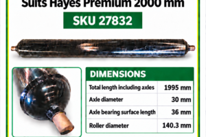 Rear roller for Hayes Premium 2000 mm flail mower, SKU 27832, 1995 mm overall length and 140.3 mm roller diameter