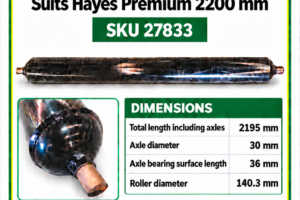 Rear roller for Hayes Premium 2200 mm flail mower, SKU 27833, 2195 mm overall length and 140.3 mm roller diameter
