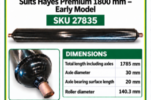 Hayes Premium 1800 mm early model flail mower rear roller SKU 27835, 1785 mm overall length and 140.3 mm diameter