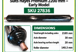 Rear roller for early model Hayes Premium 2200 mm flail mower, SKU 27836, 2185 mm overall length and 140.3 mm roller diameter