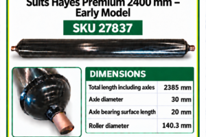 Hayes Premium 2400 mm early model flail mower rear roller SKU 27837, 2385 mm overall length and 140.3 mm roller diameter