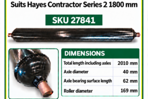 Hayes Contractor Series 2 1800 mm flail mower rear roller SKU 27841, 2010 mm overall length and 169 mm diameter