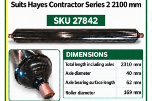 Hayes Contractor Series 2 2100 mm flail mower rear roller SKU 27842, 2310 mm overall length and 169 mm roller diameter