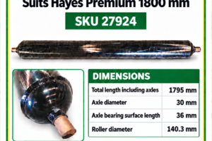 Rear roller for Hayes Premium 1800 mm flail mower, SKU 27924, 1795 mm overall length and 140.3 mm roller diameter