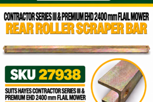Hayes rear roller scraper bar for Contractor Series III and Premium EHD 2400 mm flail mower, 2455 mm long, SKU 27938
