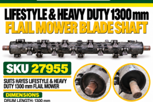 Hayes 1300 mm flail mower blade shaft SKU 27955 with 1300 mm drum length, 1430 mm total length, 108.4 mm drum diameter and 35 mm axle diameter