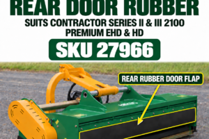 Replacement rear door rubber flap to suit Hayes Contractor Series II & III 2100, including Premium EHD & HD models. Designed as a direct replacement for the original rear rubber flap, helping contain material and debris during operation.