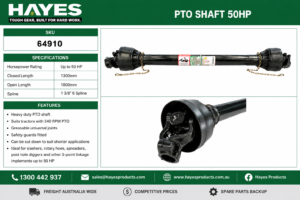 Hayes 50HP PTO shaft 1300mm closed 1800mm open 1 3/8 inch 6 spline SKU 64910