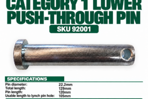 Hayes Category 1 lower push-through pin SKU 92001, 22.2 mm diameter and 129 mm total length